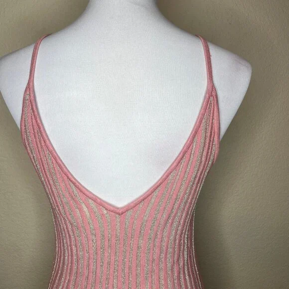 H&M Pink & Silver Metallic Pleated Midi Dress Shimmer Knit Cami Size Medium - Picture 6 of 14